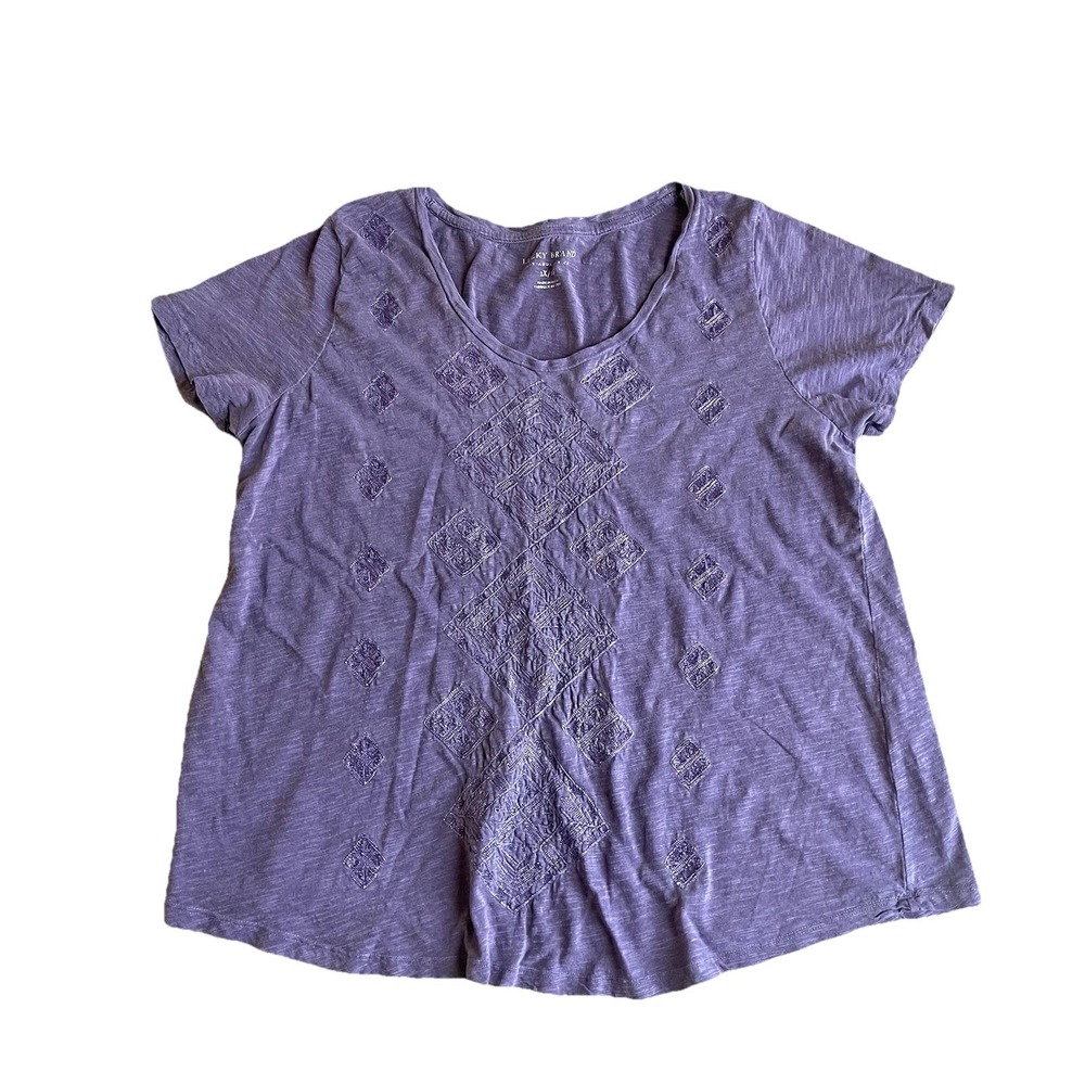 Lucky Brand Women's Slub Knit Tee Shirt 1X 1G Purple Embroidered Short Sleeve
